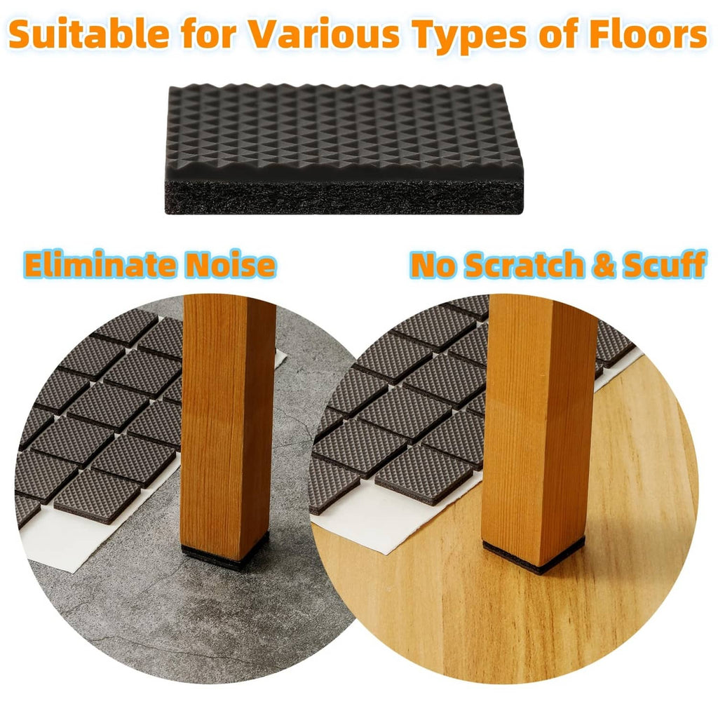 Black textured square pad placed under wooden table leg for no-slip support
