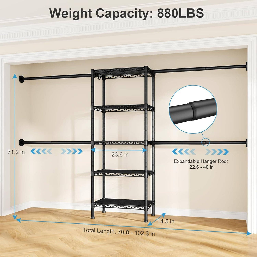 Black wall-mount closet rack with expandable hanger rod length and multi-tier wire shelves.