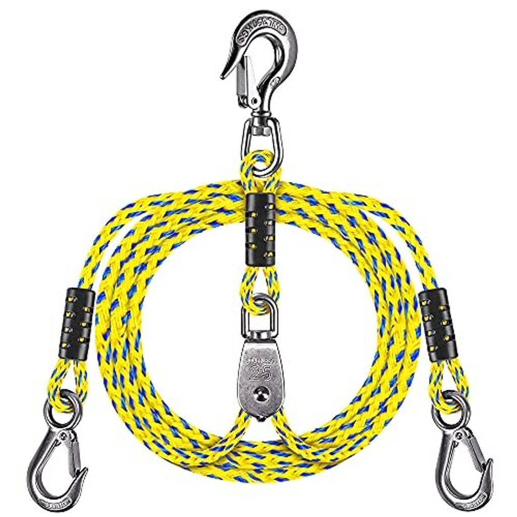 Yellow and blue braided tow rope kit with stainless pulley and two silver safety hooks