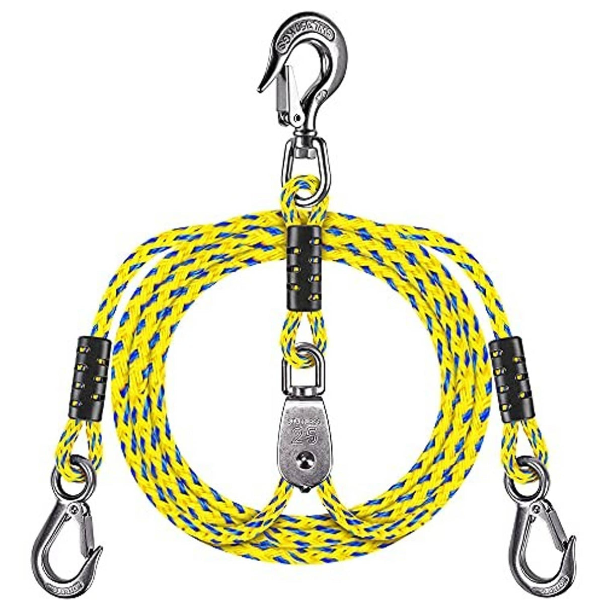 Yellow and blue braided tow rope kit with stainless pulley and two silver safety hooks