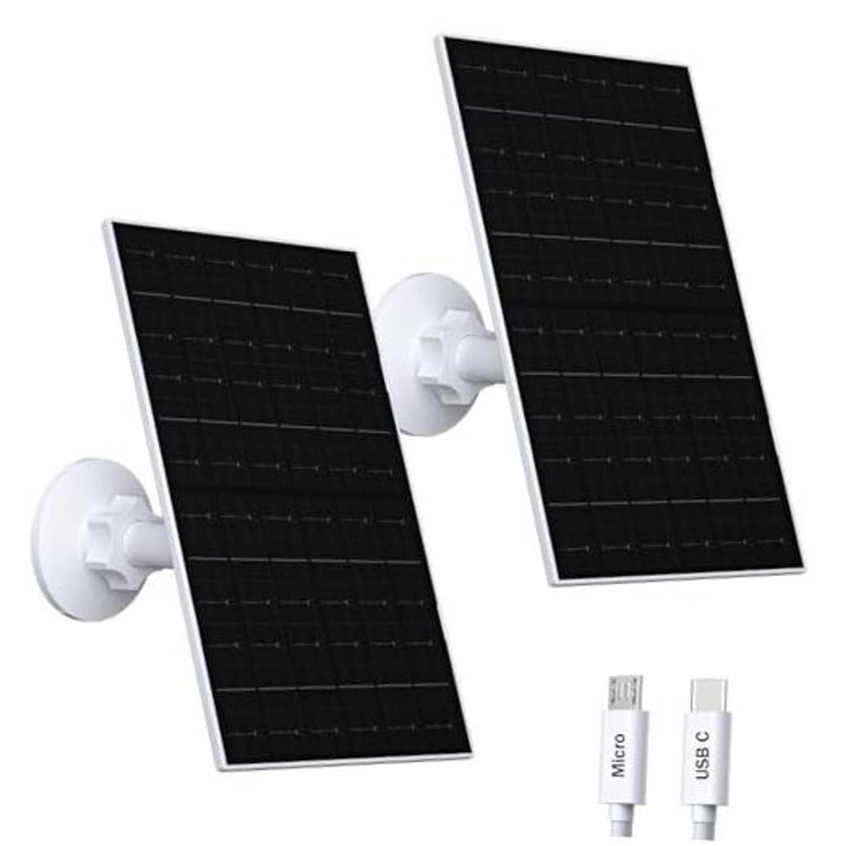 Solar panel charging kit: two black panels with white wall mounts and Micro/USB cables