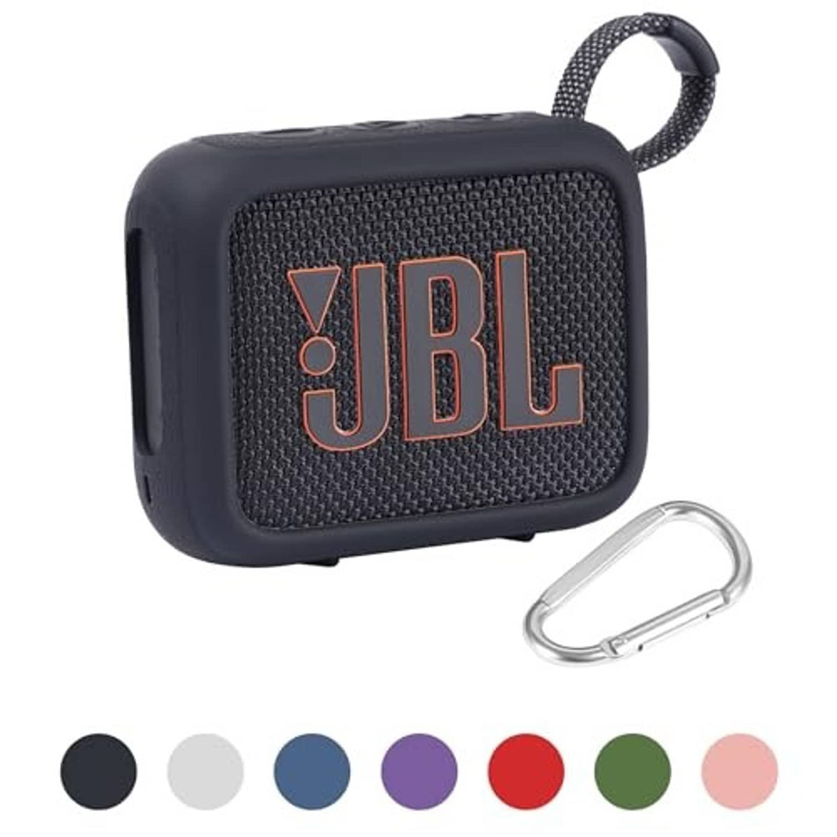 Black silicone speaker case with JBL logo panel and carabiner clip
