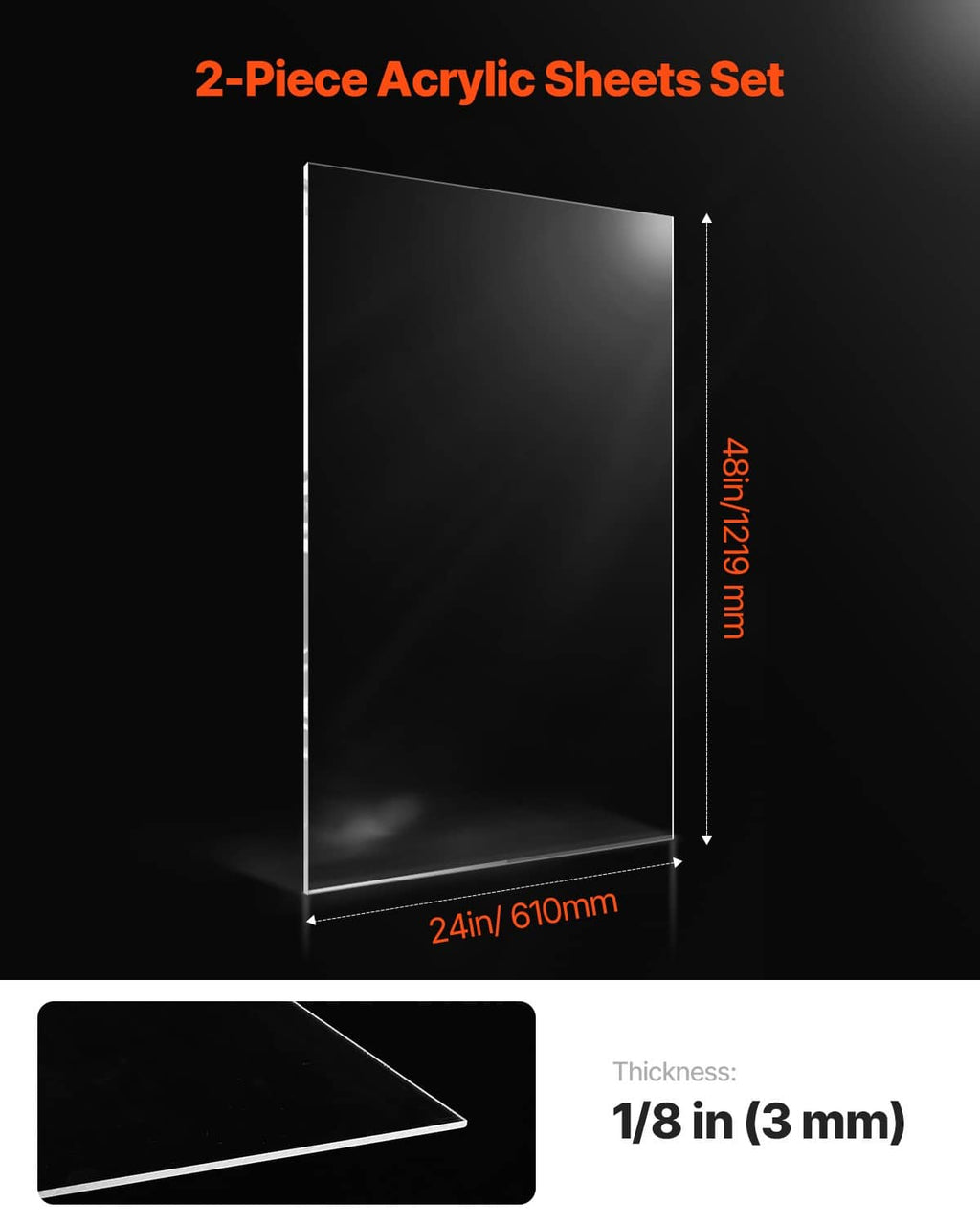 Clear acrylic sheets set with two upright rectangular panels, smooth transparent surface.