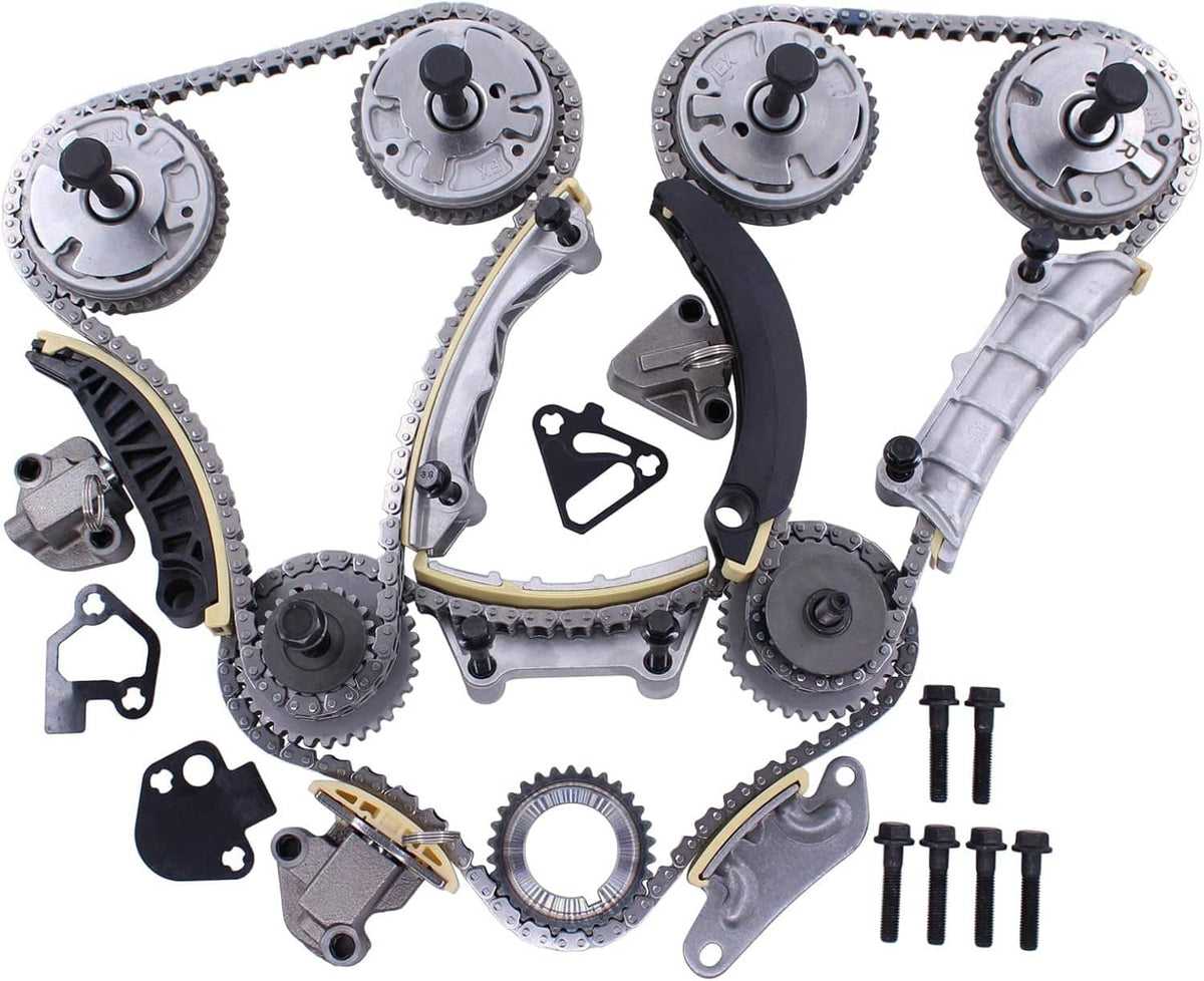 Timing chain kit with cam phaser gears, chain links, tensioner, and brackets