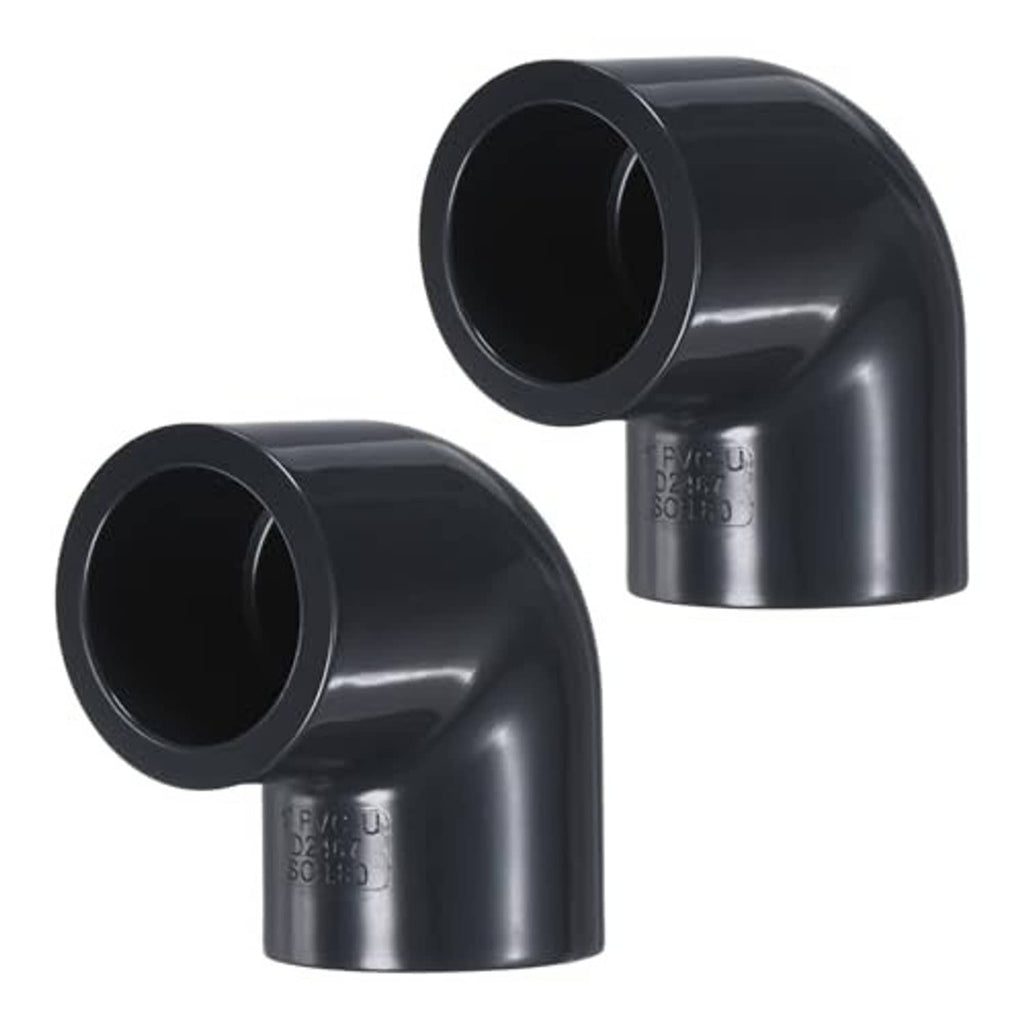Black 90-degree UPVC socket pipe elbow connector pair, rounded elbow with sockets