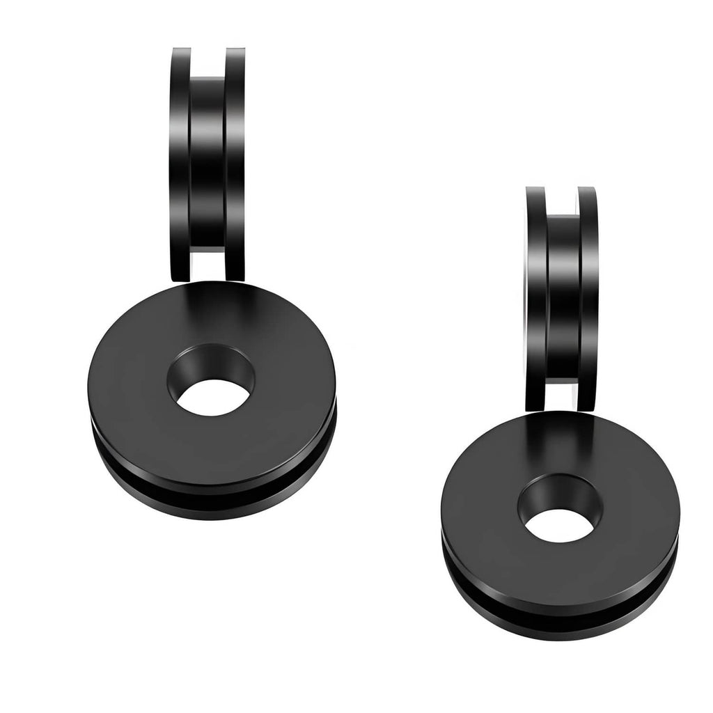 Black round bushing grommets with central hole, two angled rings