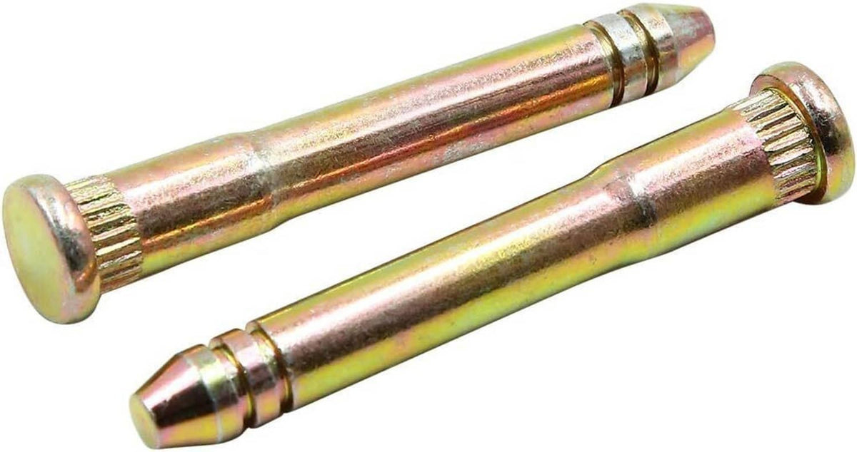 Two gold-toned door hinge pins with ridged ends for a bushing replacement kit