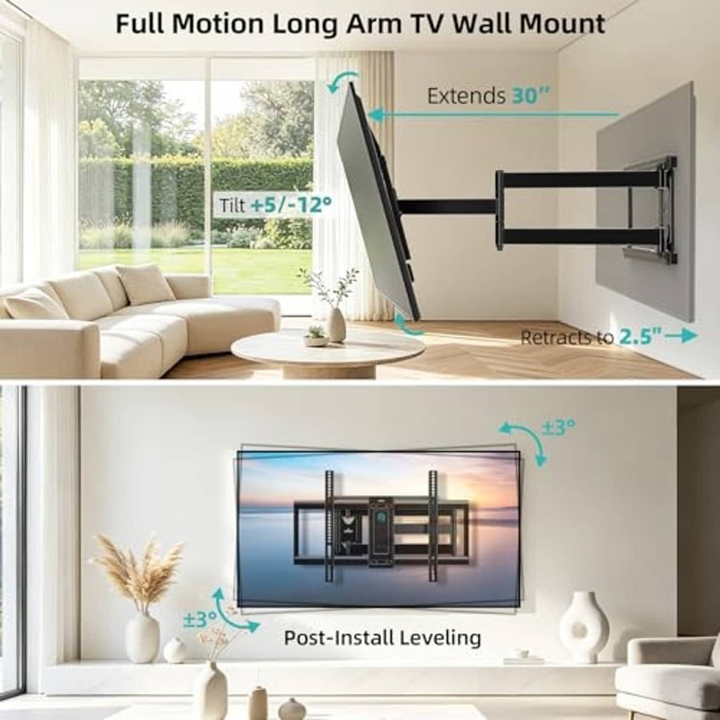 Full-motion long-arm corner TV wall mount with tilt and extension mechanism