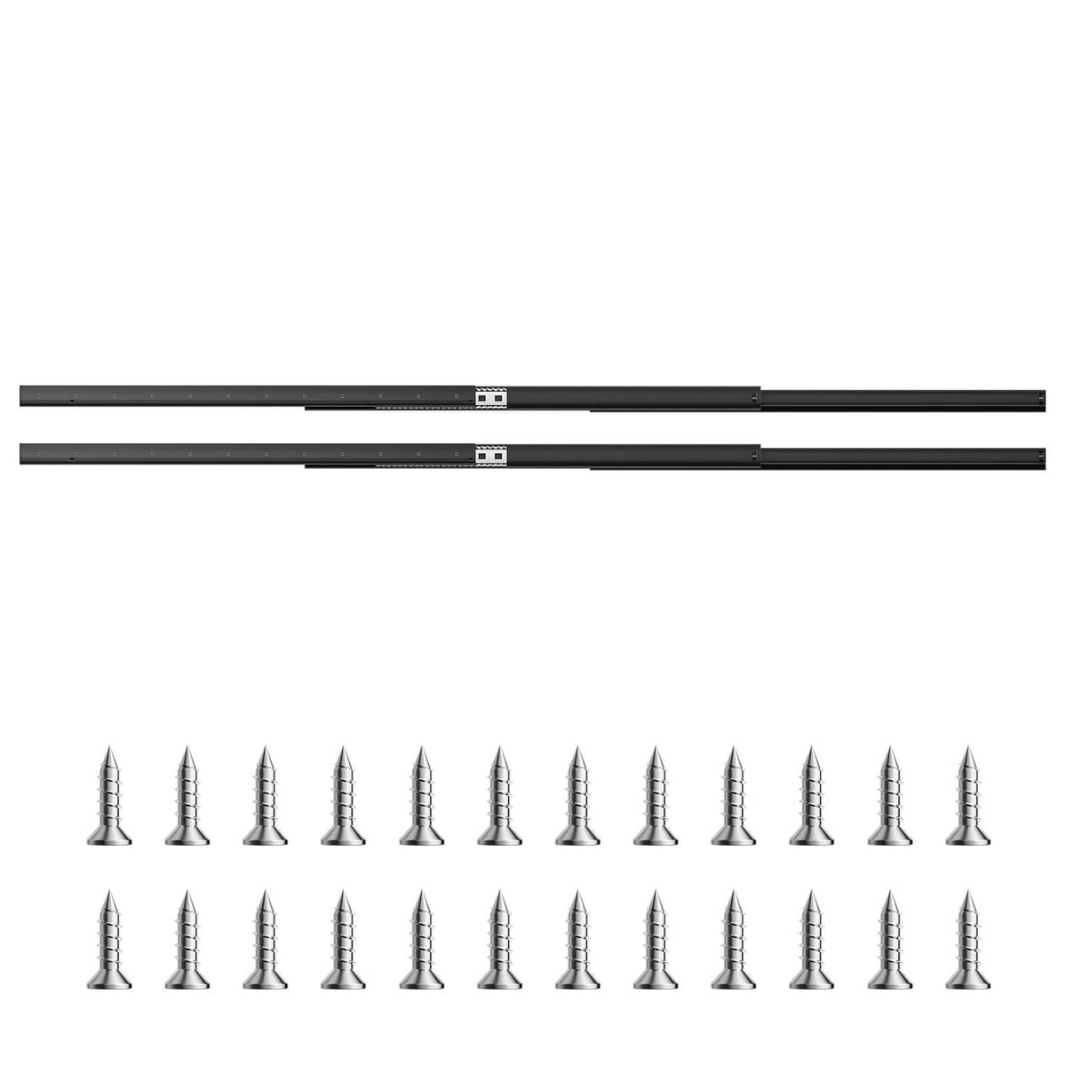 Pair of black drawer slide rails with aligned mounting holes and center connector