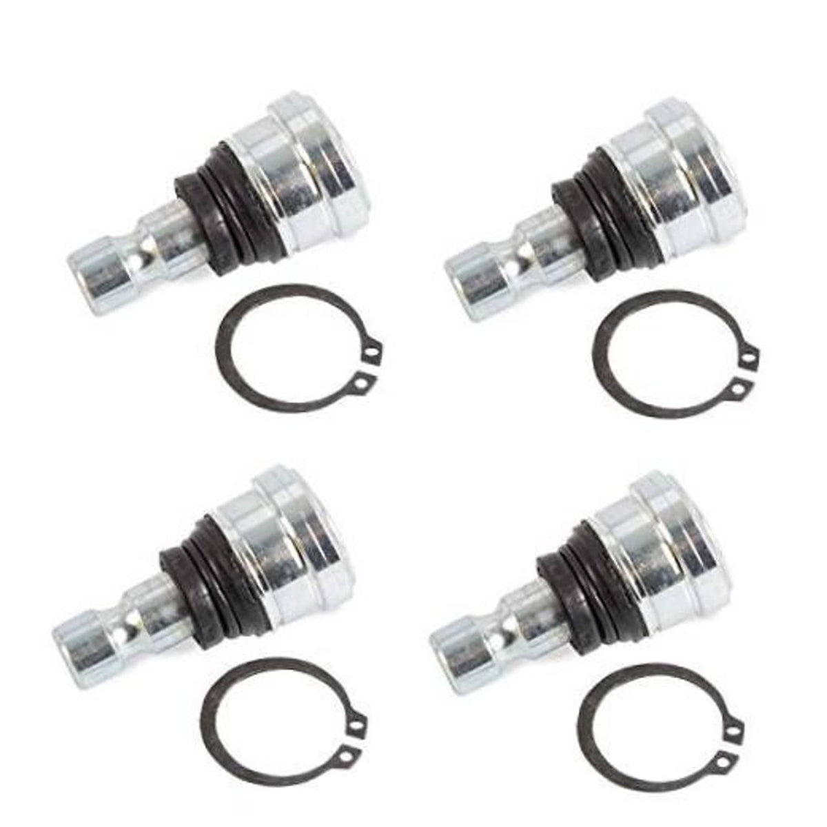 Ball joint set with metal fittings, black rubber dust seals, and retaining rings