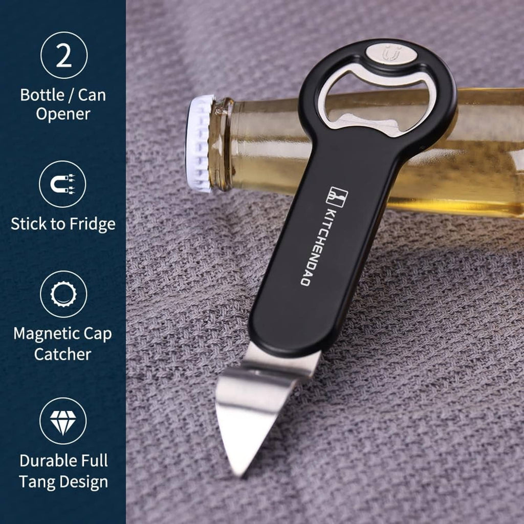 Black magnetic bottle and can opener with loop grip and silver blade on fabric