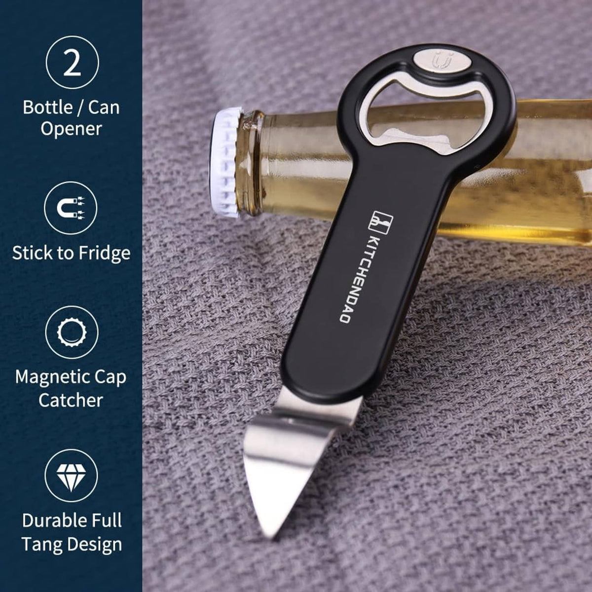 Black magnetic bottle and can opener with loop grip and silver blade on fabric