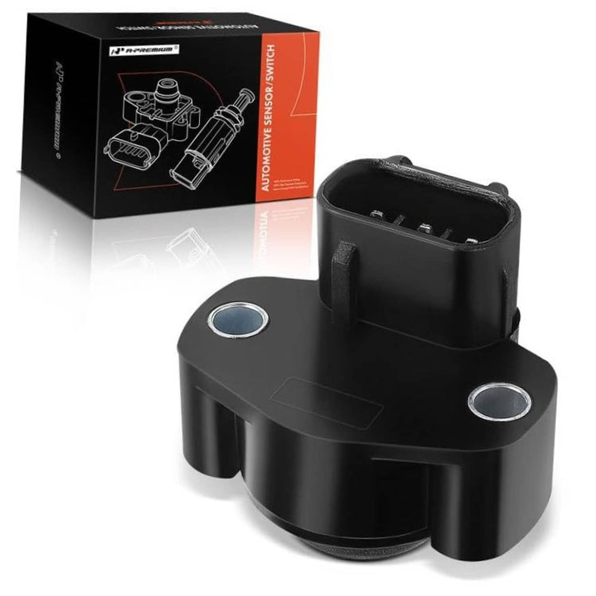 Black throttle position sensor with mounting tabs and multi-pin electrical connector