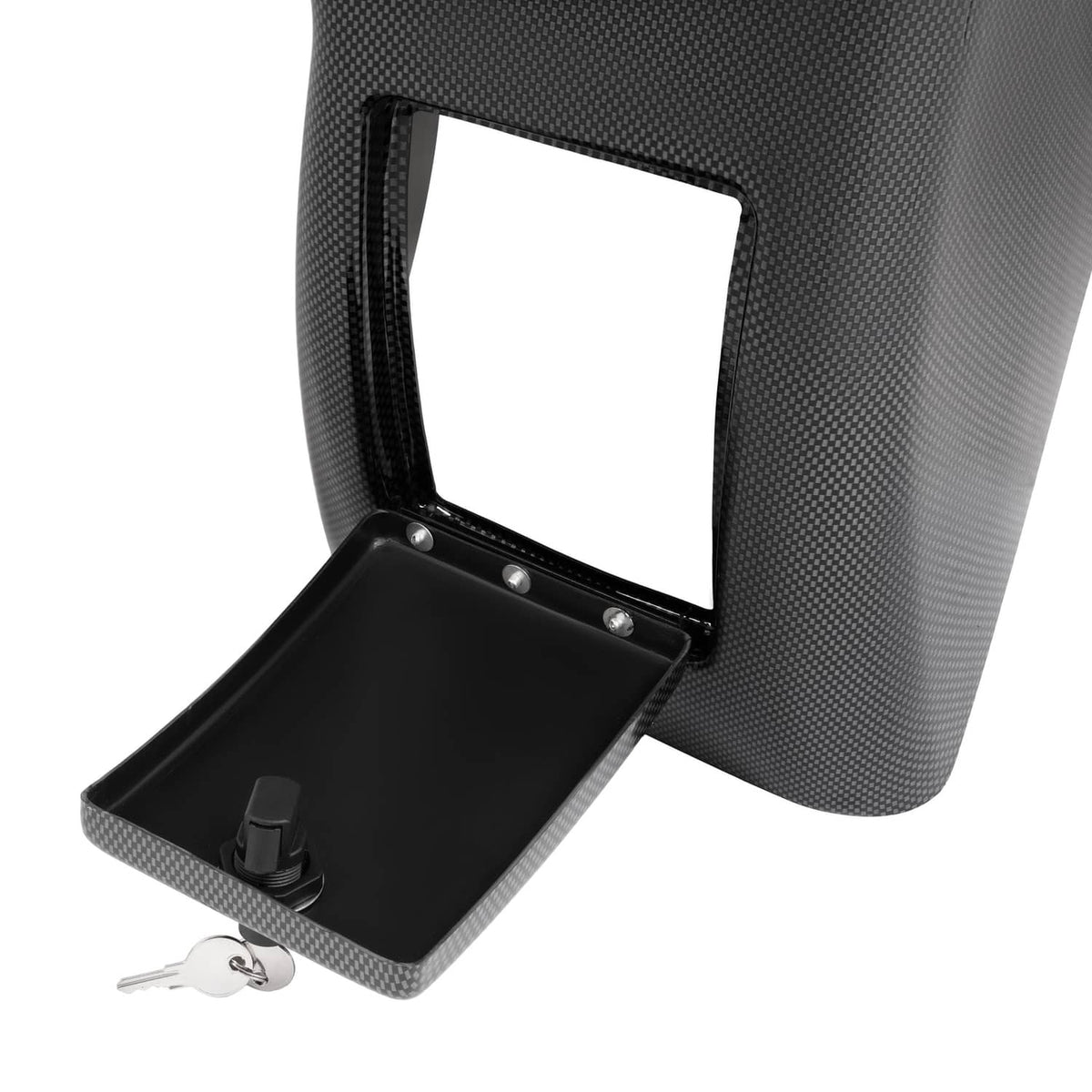 Carbon-fiber style dash cover with rectangular screen cutout and hinged storage tray