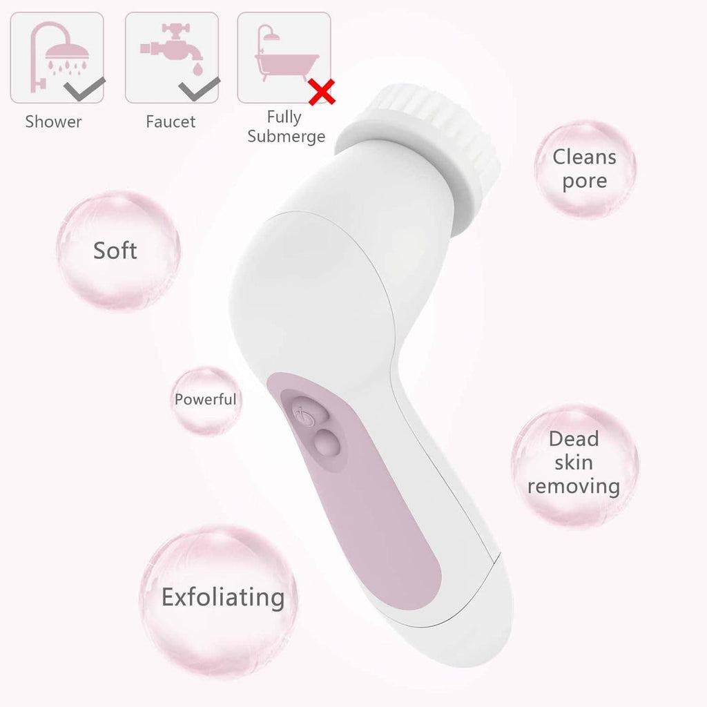 Waterproof facial cleansing spin brush with purple handle, angled with safety icons
