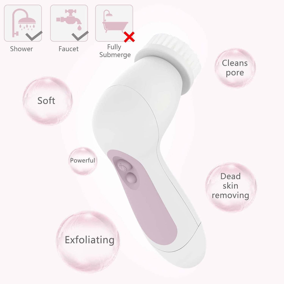 Waterproof facial cleansing spin brush with purple handle, angled with safety icons