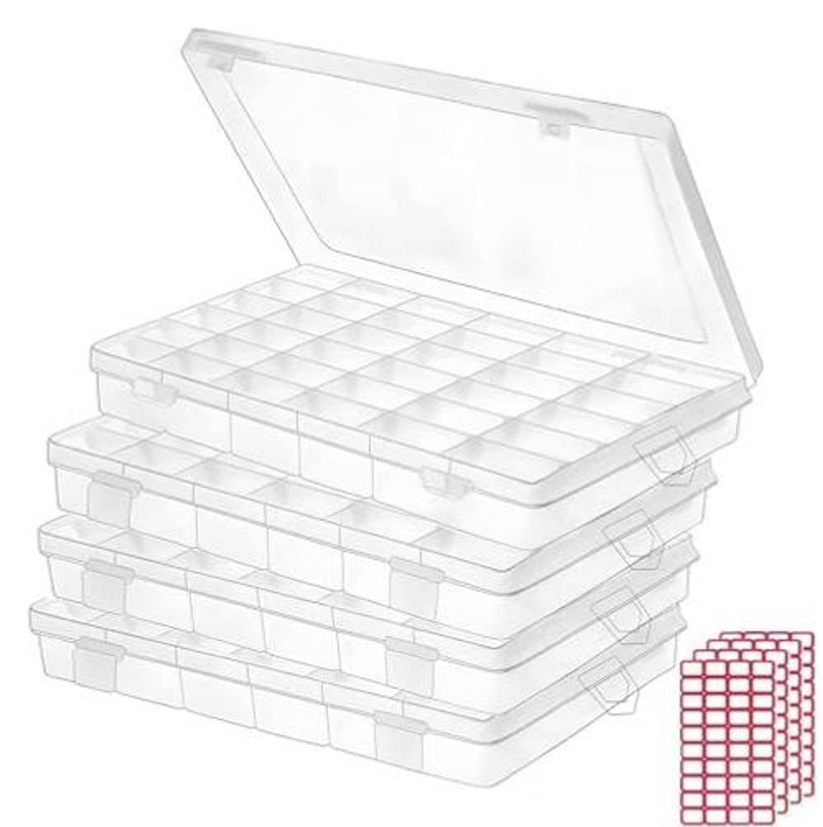 Stacked clear plastic organizer boxes with grid compartments and hinged flip lids