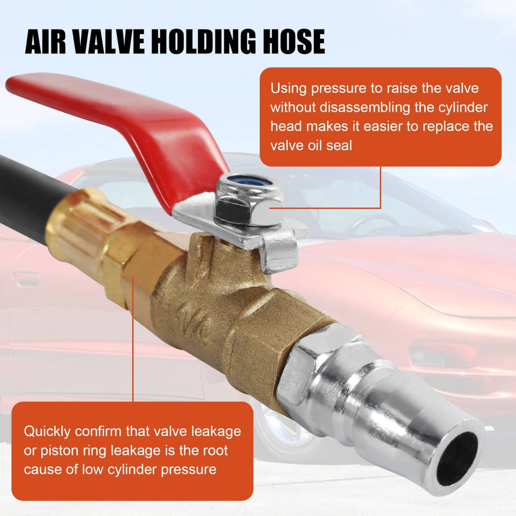 Air valve holding hose with brass connector, metal fitting, and red lever for cylinder heads