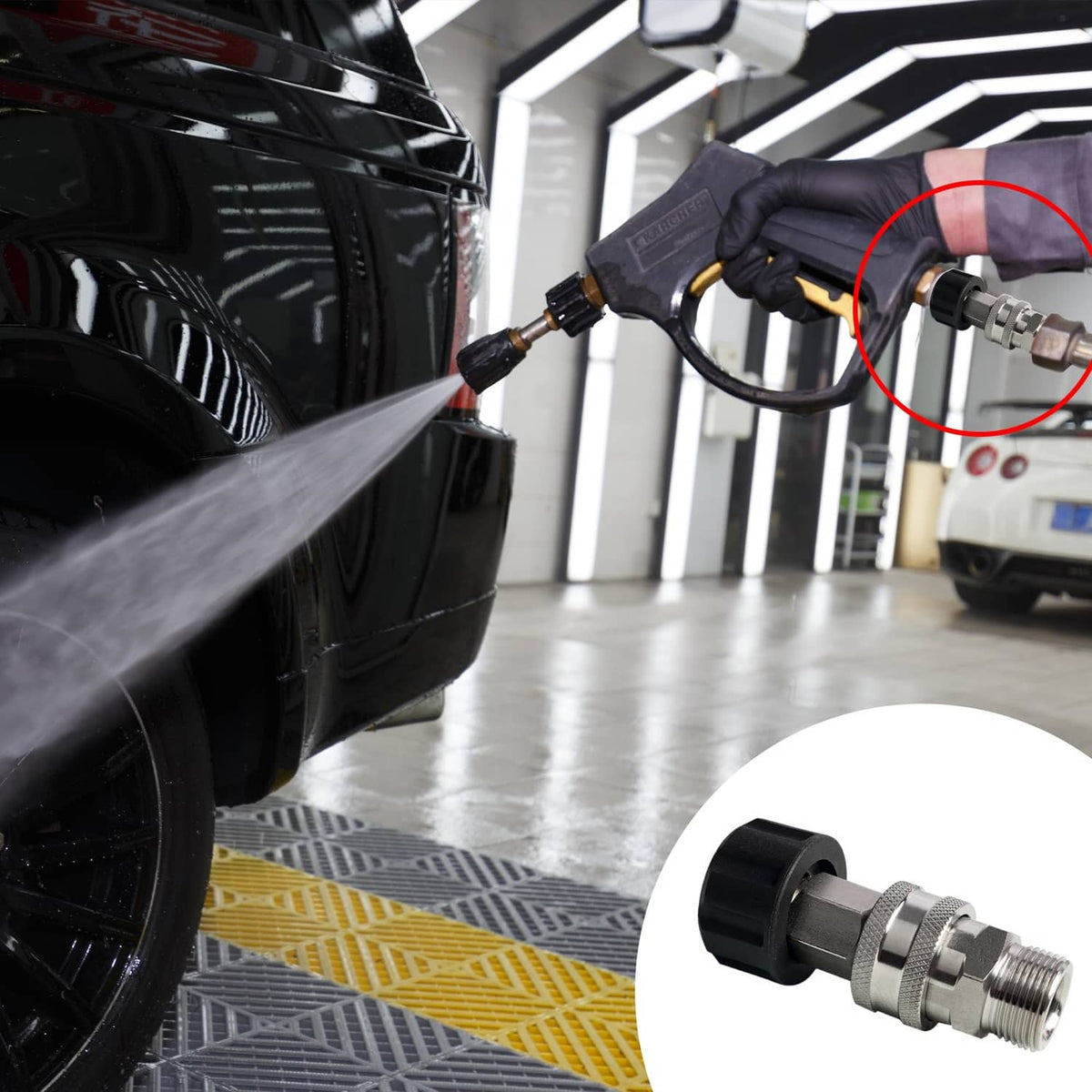 Pressure washer quick connect coupling on hose, black housing with silver fittings