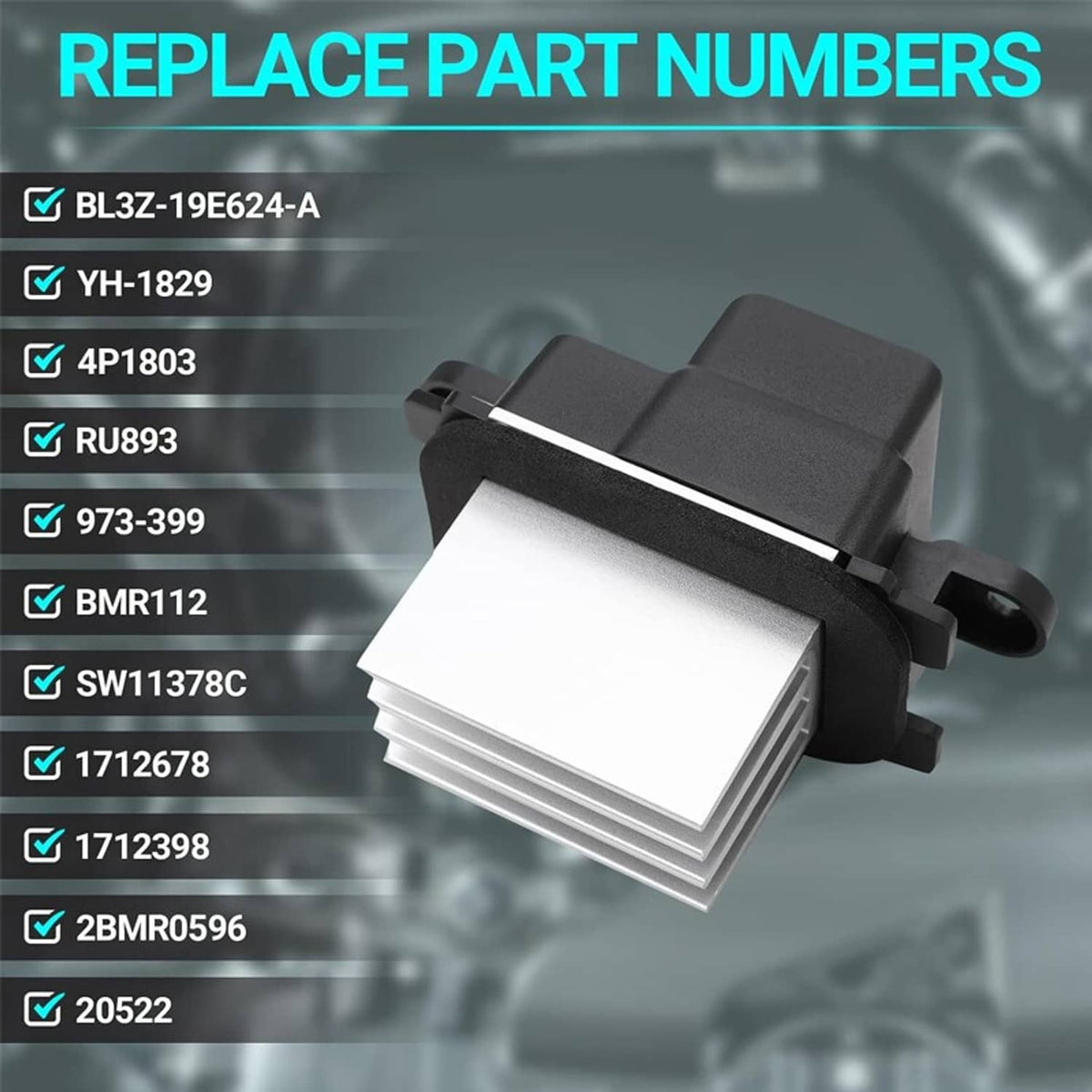 HVAC blower motor resistor with heat sink fins and connector plug, black housing