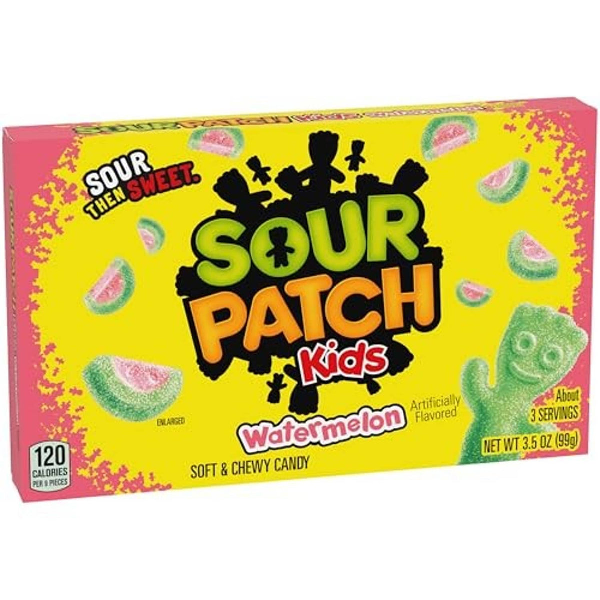 Sour Patch Kids watermelon soft and chewy candy box, front view with bold logo