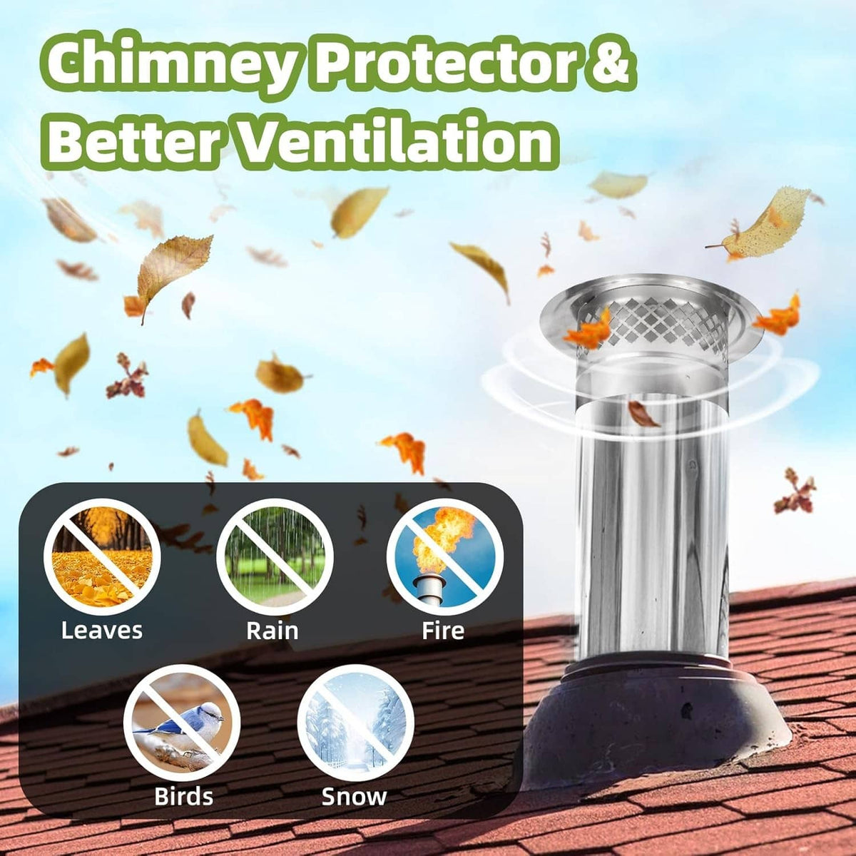 Cone-top chimney cap with diamond-pattern screen and mesh spark guard