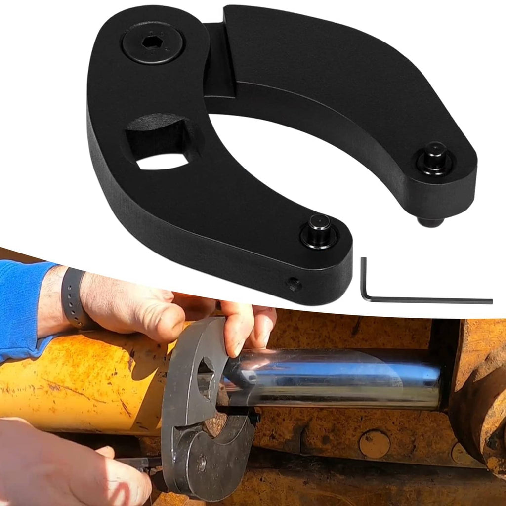 Black adjustable gland nut wrench with two side pins and integrated hex drive socket