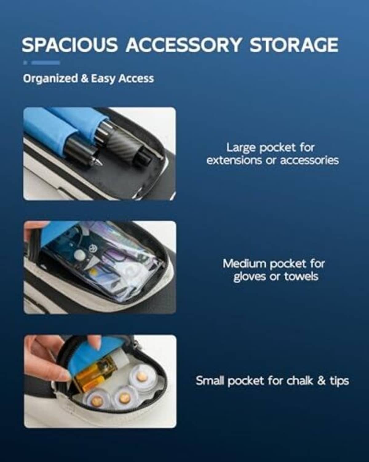 Hard pool cue case interior with accessory pockets for extensions, gloves, and chalk