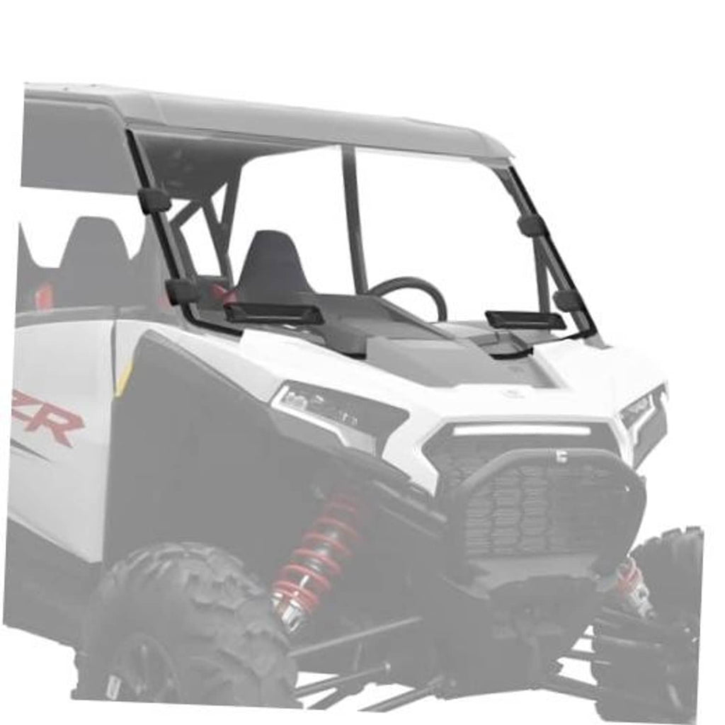 Clear windshield assembly with black side supports and top frame for UTV cab