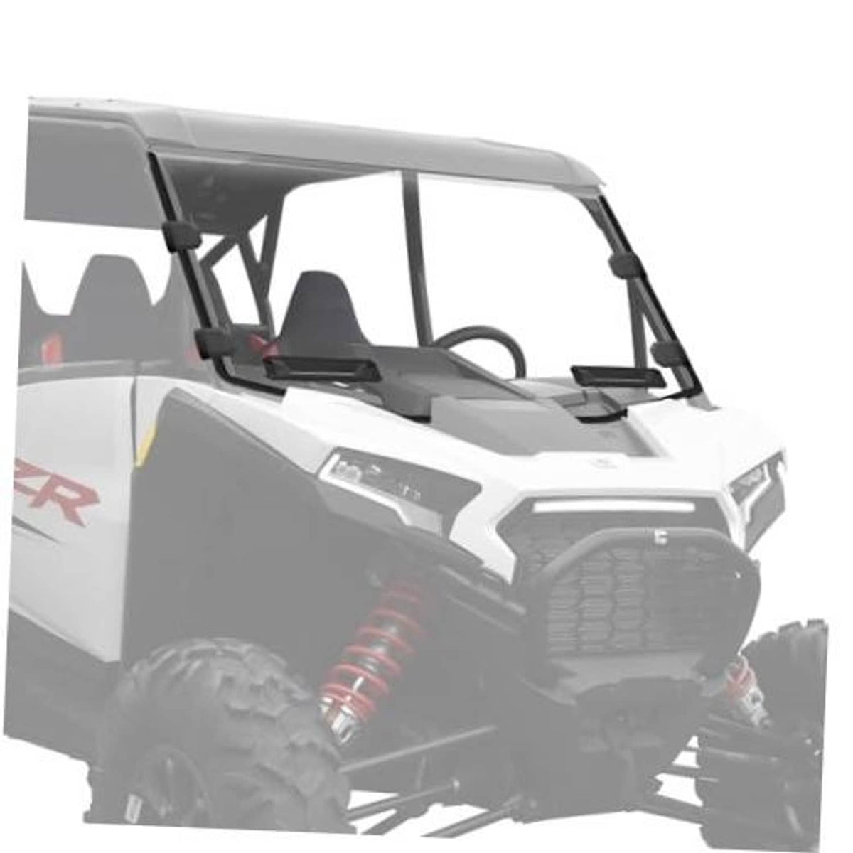 Clear windshield assembly with black side supports and top frame for UTV cab