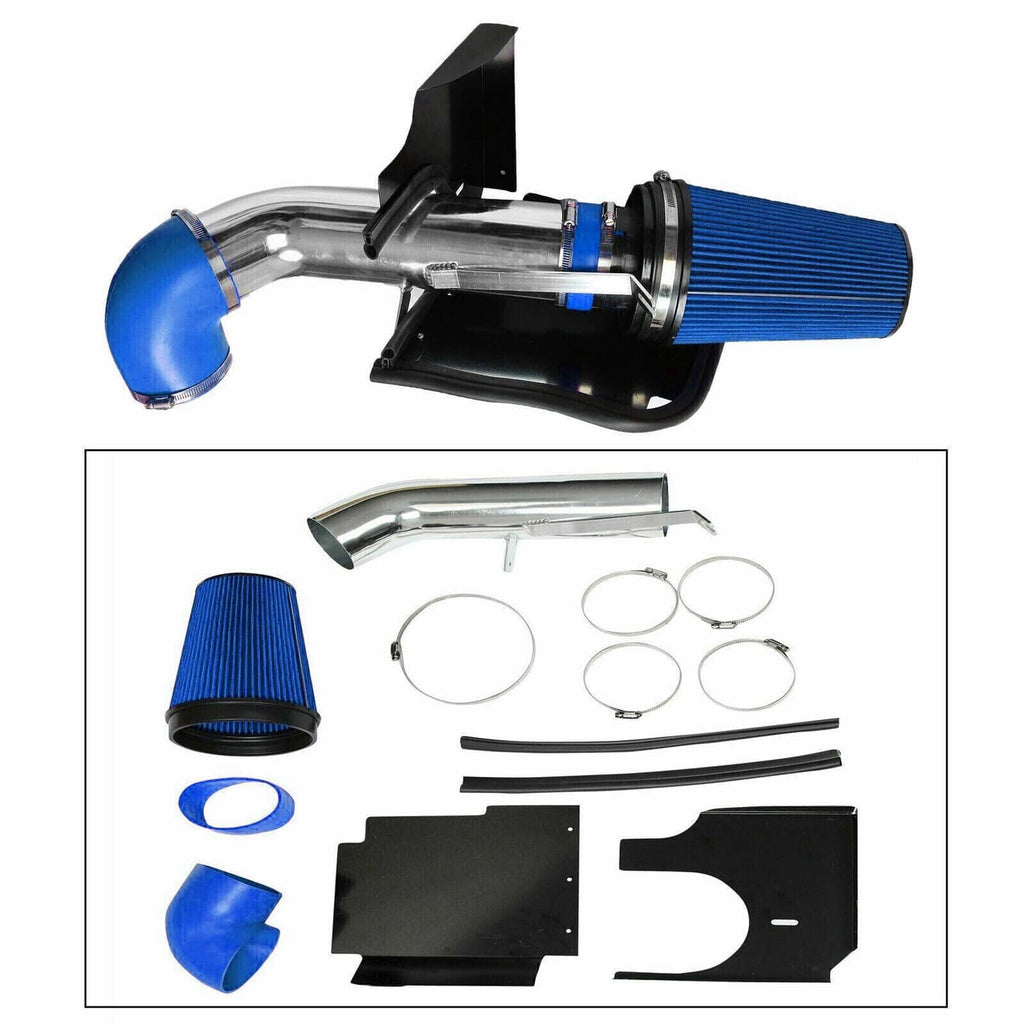 4-inch cold air intake kit parts with blue filter, silver piping, and blue intake elbow