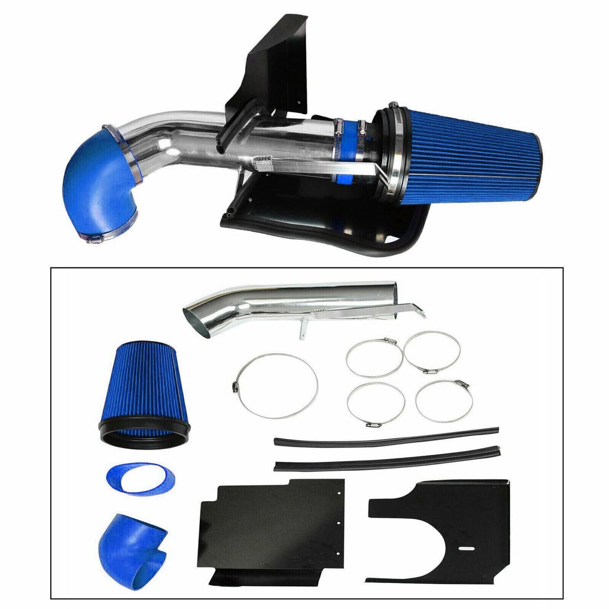4-inch cold air intake kit parts with blue filter, silver piping, and blue intake elbow