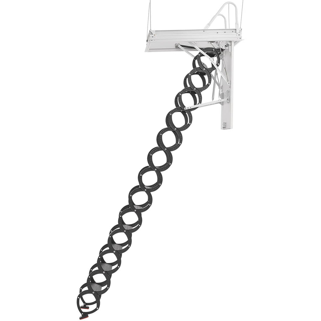Ceiling-mounted attic ladder extended diagonally with black rung rings and white frame