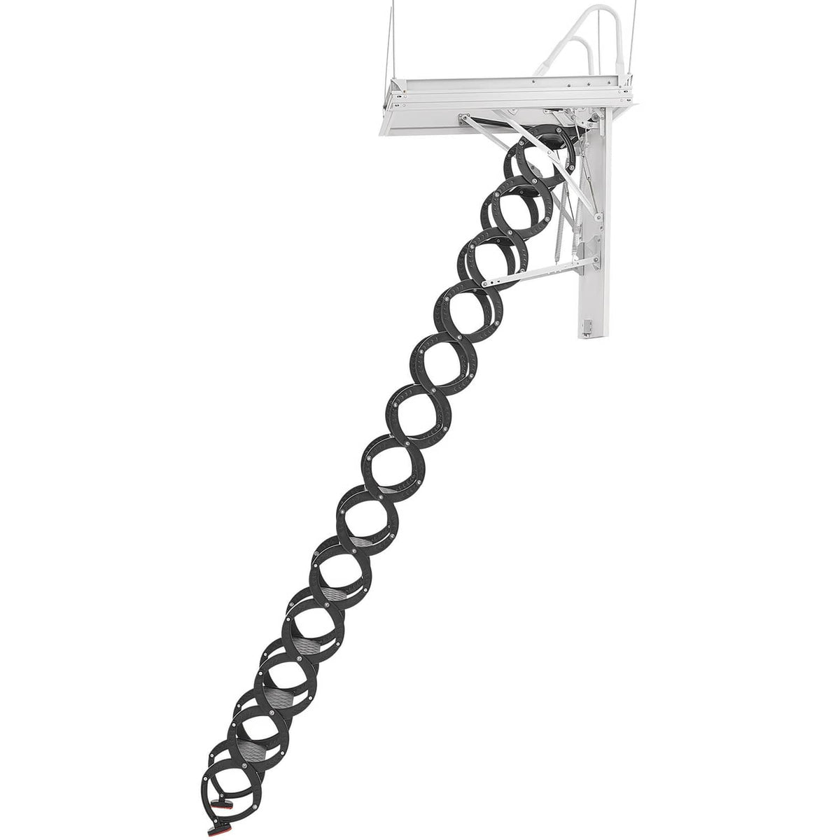 Ceiling-mounted attic ladder extended diagonally with black rung rings and white frame