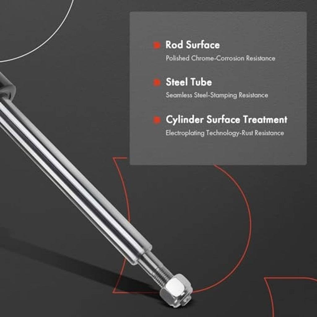 Shock absorber strut with polished chrome rod and black striped cylinder, angled close-up