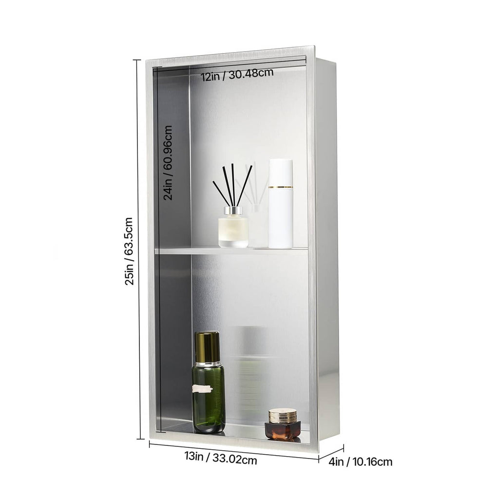 Recessed stainless steel shower niche shelf with labeled dimensions and front opening