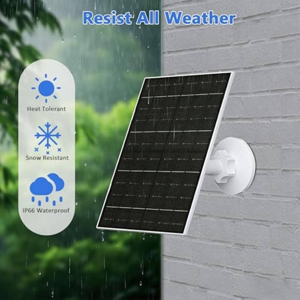 Solar panel charger with wall mount bracket and rain, snow, and heat protection icons