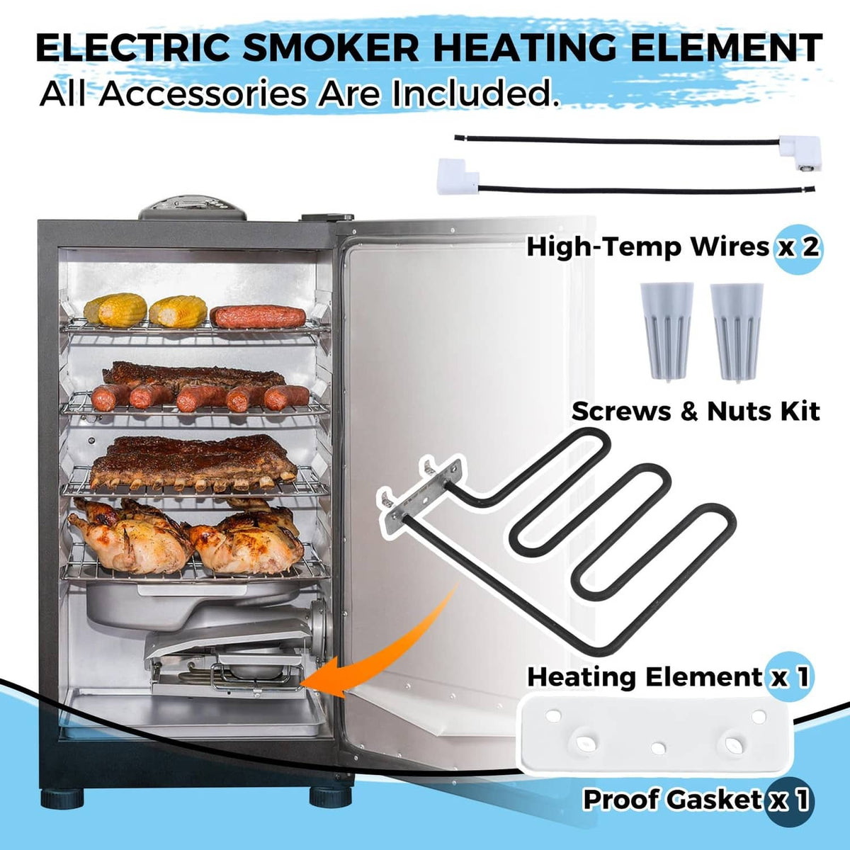Electric smoker heating element kit with gasket, heating coil, wires, and screws