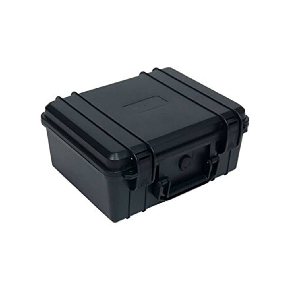 Closed black hard case with molded handle and secure corner latches