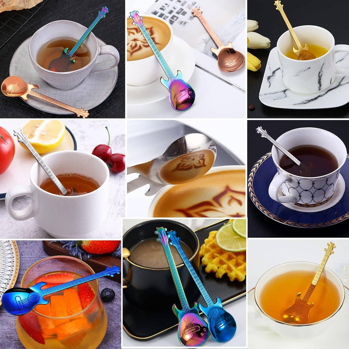 Guitar-shaped tea spoons stirring drinks in mugs, multi-color designs
