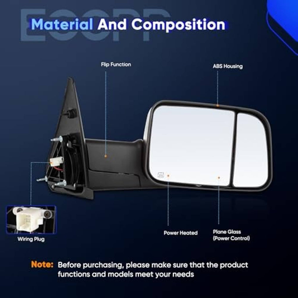Black towing mirror replacement with plane glass and wiring plug inset