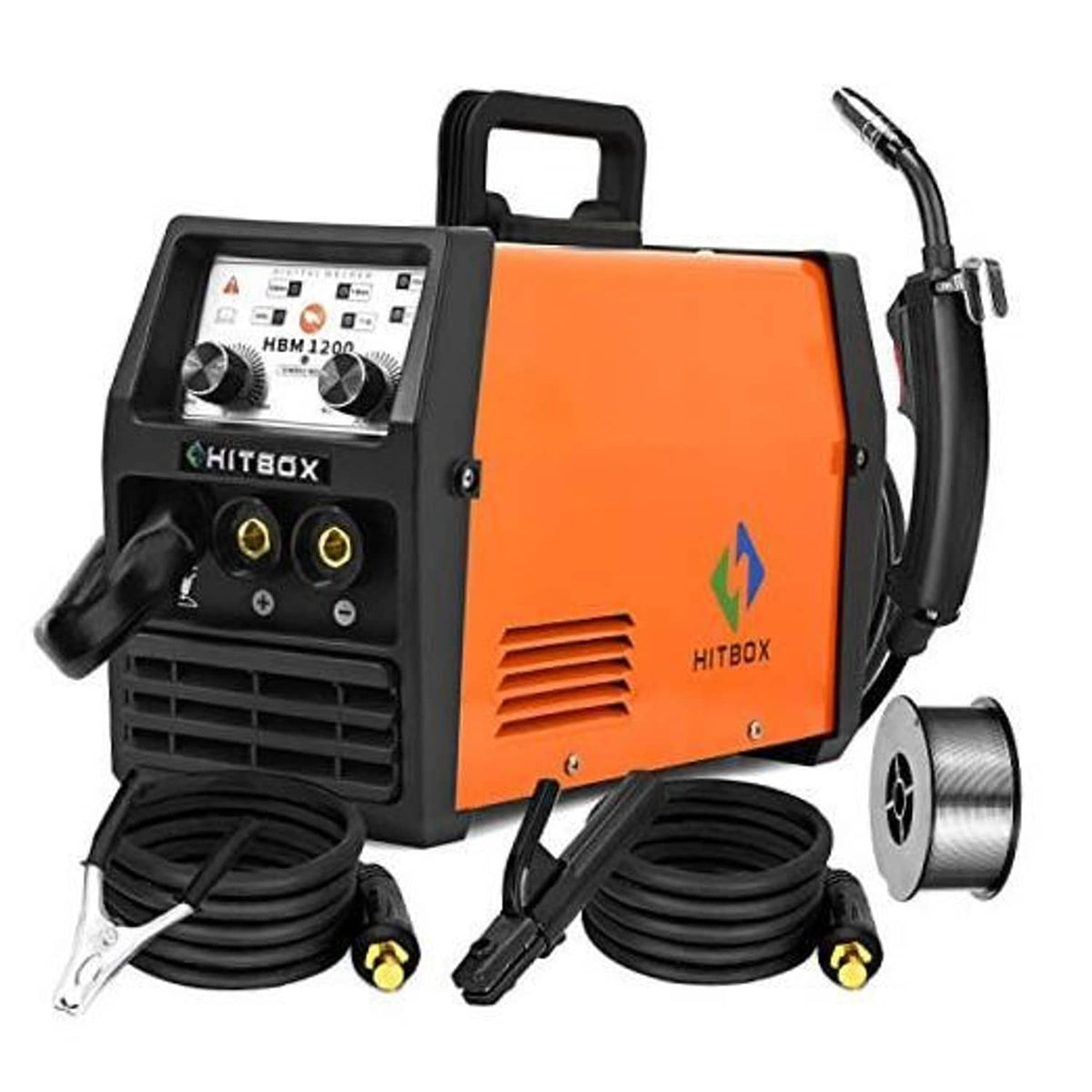 3-in-1 MIG/TIG/ARC gasless welder, orange-and-black with cables and wire spool
