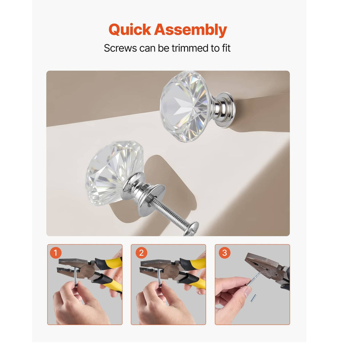 Clear acrylic diamond cabinet knobs with chrome bases and visible installation screws.
