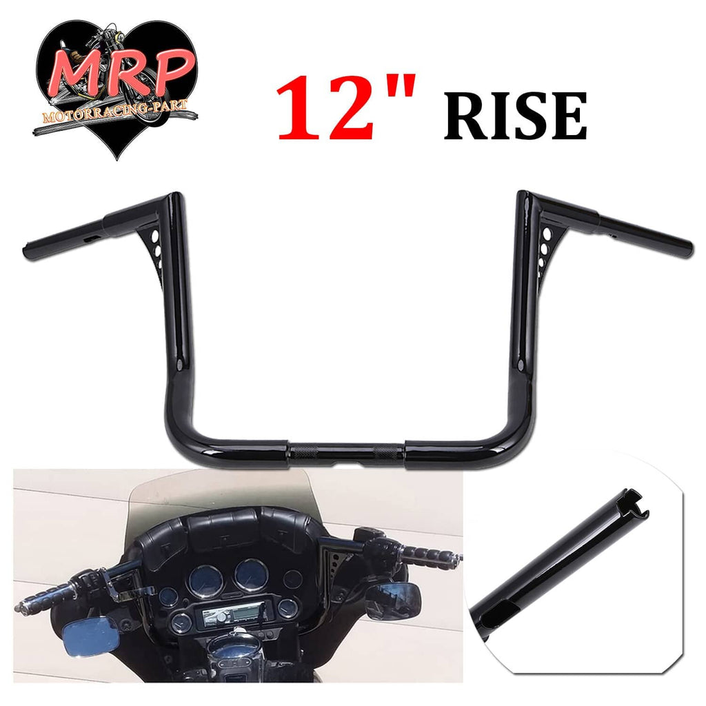 Black meathook-style motorcycle handlebar, raised U-shape with mounting holes