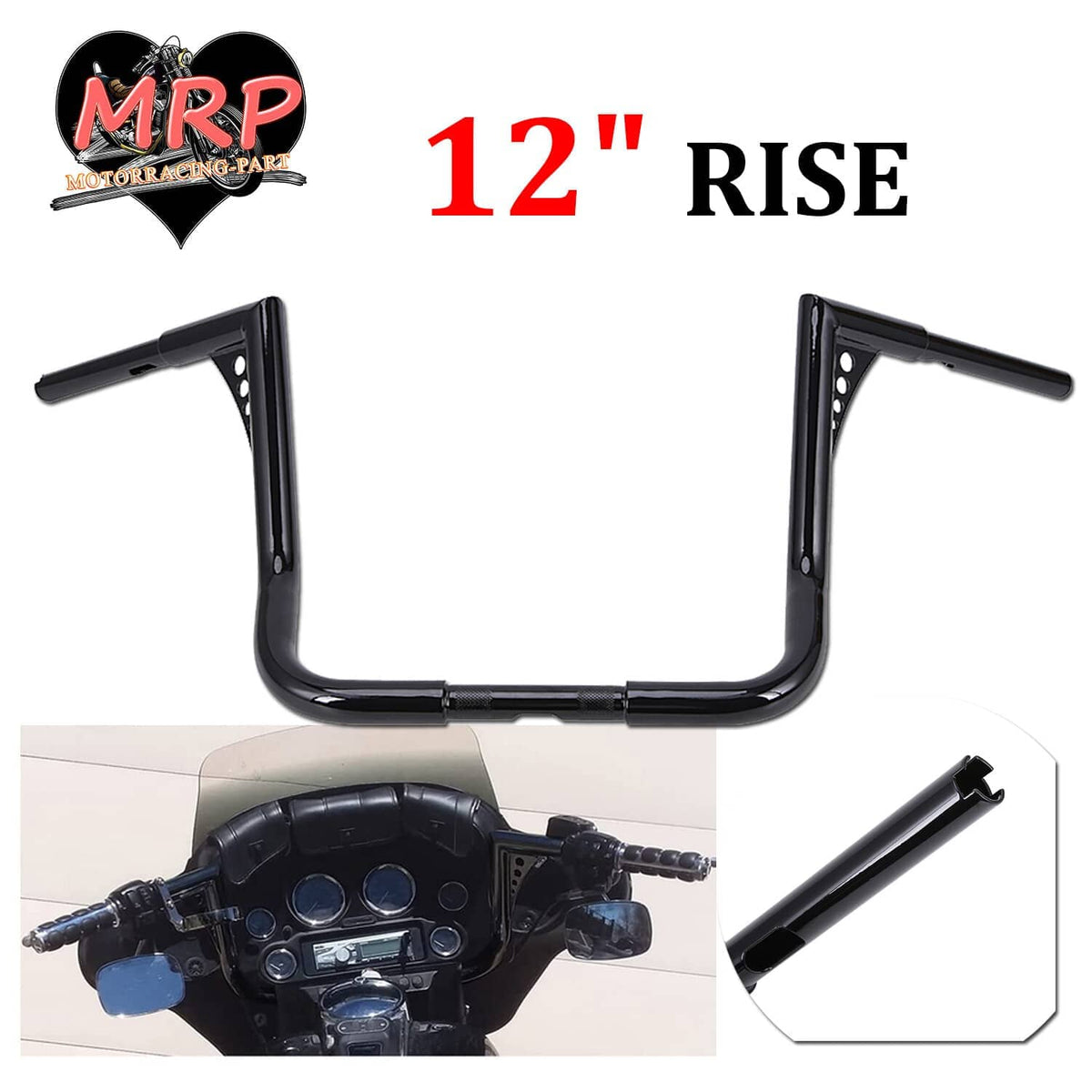Black meathook-style motorcycle handlebar, raised U-shape with mounting holes