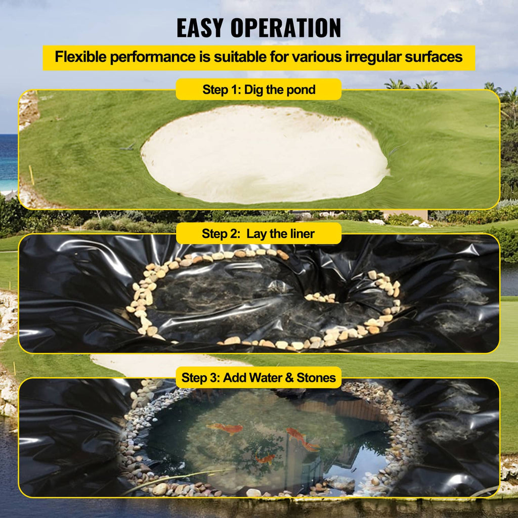 Black pond liner shown during installation steps: dig, lay liner, add water and stones