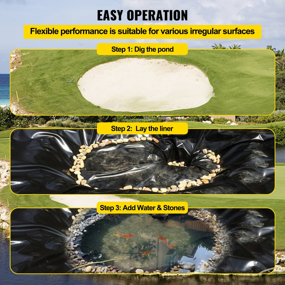 Black pond liner shown during installation steps: dig, lay liner, add water and stones