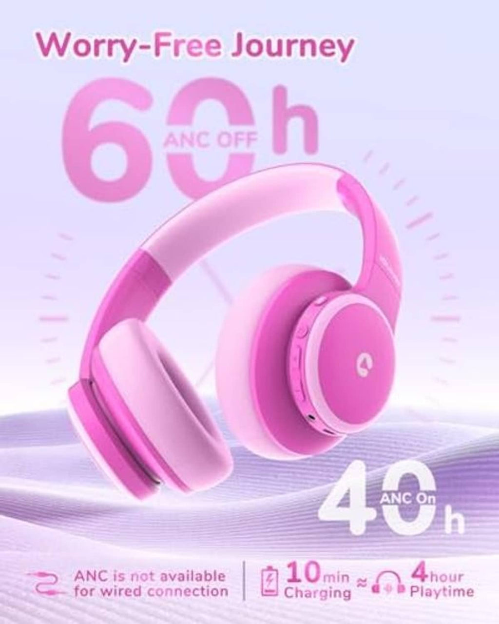 Rose pink over-ear kids headphones with circular earcups, front view