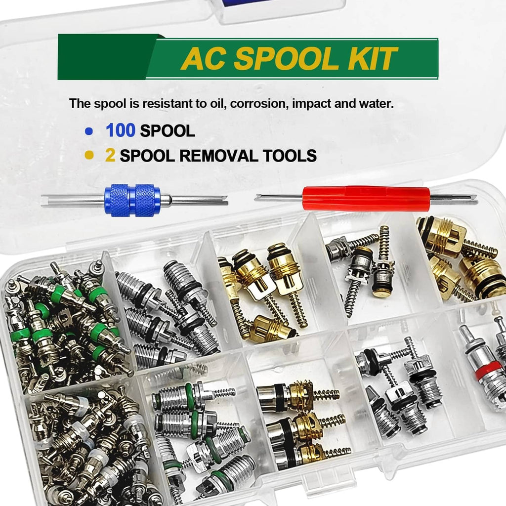 AC spool kit organizer with assorted metal fittings and green rubber O-rings