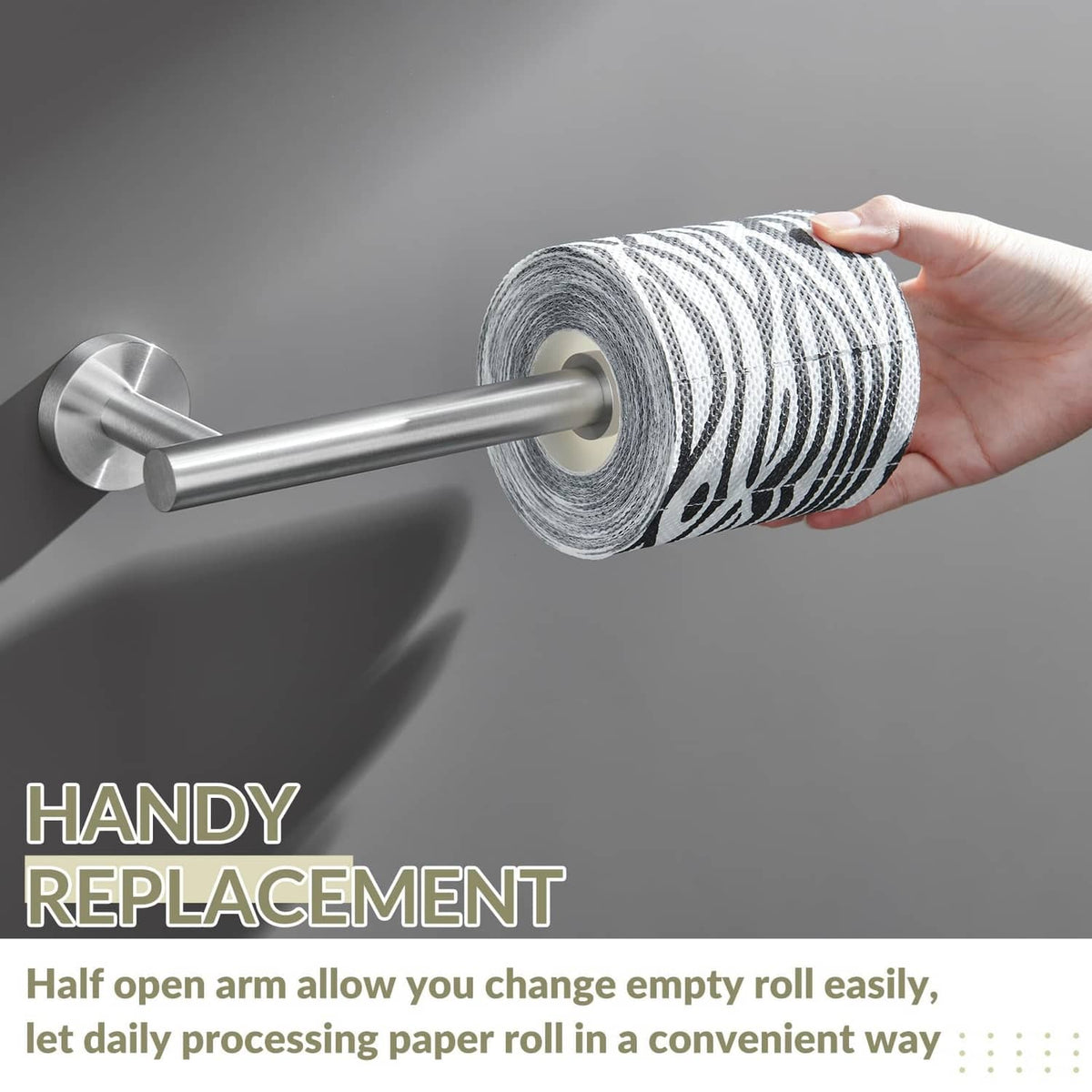 Brushed nickel stainless toilet paper holder with roll loaded by hand